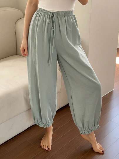 DAZY Quần dài nữ dáng rộng, màu trơn, có dây rút, thích hợp mặc ở nhà.