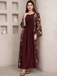 Al Najma Gaun Abaya Panjang Elegan Wanita dengan Desain Lipit dan Leher Bulat Motif Patchwork Bunga - Burgundy - View 6