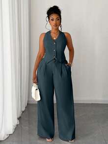 Maweii Plus Size Women 2 Pieces Set: Solid Color Cropped Vest & Wide Leg Pants - Teal Blue - View 1
