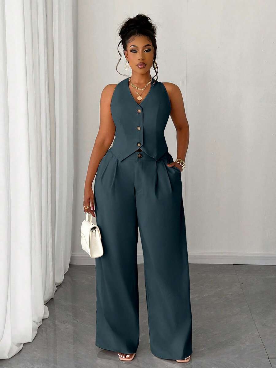 Maweii Plus Size Women 2 Pieces Set: Solid Color Cropped Vest & Wide Leg Pants - Teal Blue - View 1
