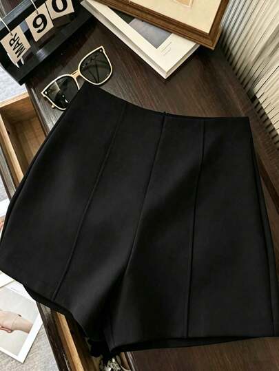 SHEIN Tall Pantalones cortos casuales negros para mujer, adecuados para primavera/verano, de cintura alta, de unicolor, para citas románticas, vacaciones, viajes, oficina, playa, todo el año