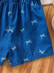 SHEIN Mono de niña pequeña de unicolor tejido con tirantes de moño - Celeste - Ver 5
