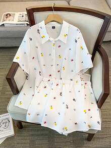 GlowEve CURVE Plus Size Women's Casual Colorful Ditsy Floral Loose Shirt And Elastic Waist Shorts Set, Suitable For Beach And Holiday - White - View 1