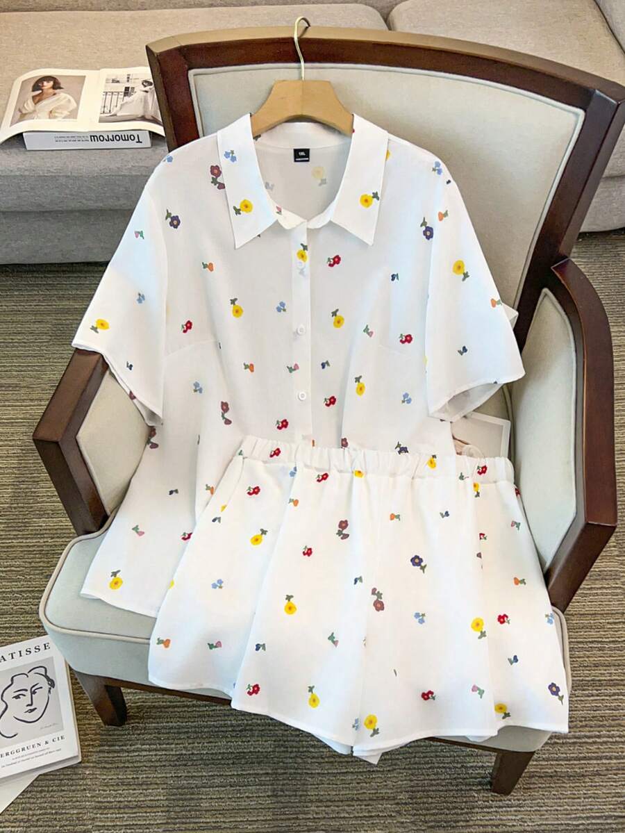 GlowEve CURVE Plus Size Women's Casual Colorful Ditsy Floral Loose Shirt And Elastic Waist Shorts Set, Suitable For Beach And Holiday - White - View 1