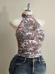 SHEIN ICON Áo kiểu dáng gợi cảm hở lưng, cổ yếm, họa tiết hoa, phong cách Y2K mùa hè, thích hợp cho các buổi hòa nhạc, dành cho nữ. - Nhiều màu - Xem 5