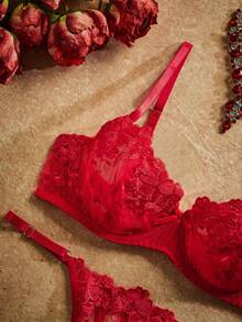2pcs Mesh Embroidery Women's Lingerie Set - Red - View 4