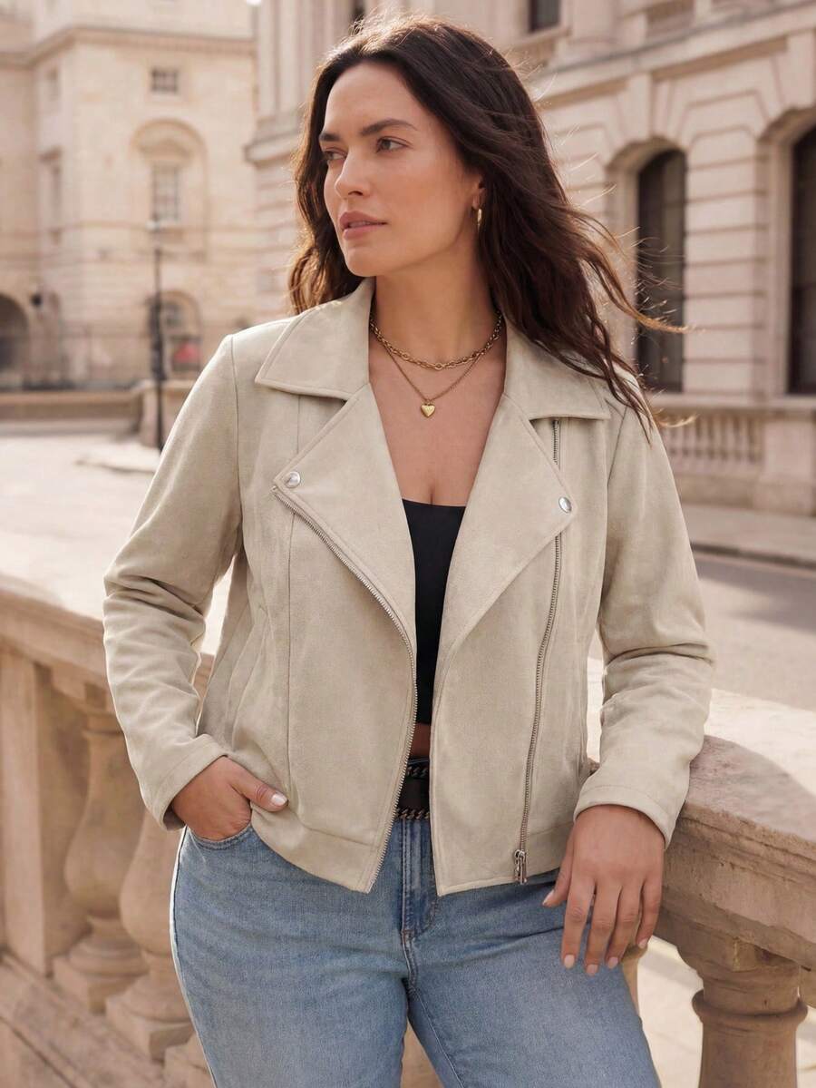 大码纯色口袋拉链休闲长袖夹克 - 卡其色 - 查看 1