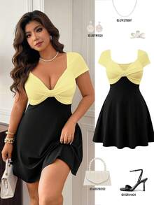 Femmeverse Plus Size Elegant Sexy Contrast Color Splice Deep V-Neck Twist Design Dress, Summer - Light Yellow - View 1