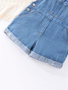 SHEIN Vintaside Kids Young Girl'Denim Bib Shorts,Medium Blue,Back-To-School Summer New Arrival Casual Cute Adjustable Rolled Hem Distressed Relaxed Fit Soft Cotton Fabric - Medium Wash - View 9