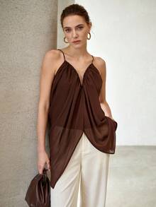 MOTF PREMIUM WOMEN'S RETRO ELEGANT FASHION CASUAL RUCHED CAMI TOP - Coffee Brown - View 5