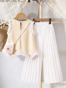 2pcs/Set Toddler Girls' Sleeveless Tank Top With Ruffle Trim & Floral Decor Paired With White Wide Leg Pleated Pants,Summer,Birthday Outfit,Loose Fit - Khaki - View 2