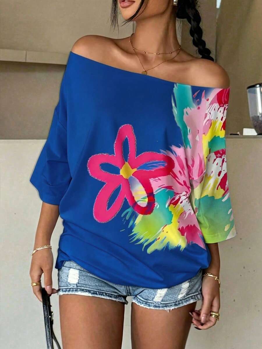 INAWLY Women's Casual Floral Print Off Shoulder T-Shirt, Summer - White - View 1