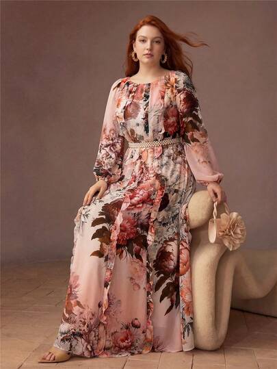 MOTF PREMIUM VESTIDO DE MUJER TALLA GRANDE CON ESTAMPADO FLORAL Y MANGAS FAROL, PRIMAVERA/VERANO
