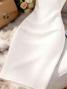 Vestido de tirantes acanalado de unicolor simple para mujer, verano - Albaricoque - Ver 4
