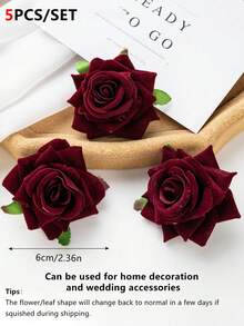 5/15件套人造丝玫瑰花头及花苞新娘手腕手捧花DIY婚礼装饰蛋糕生日派对情人节礼物新年圣诞节家居房间装饰派对用品家居饰品 - 酒紅色 - 查看 2