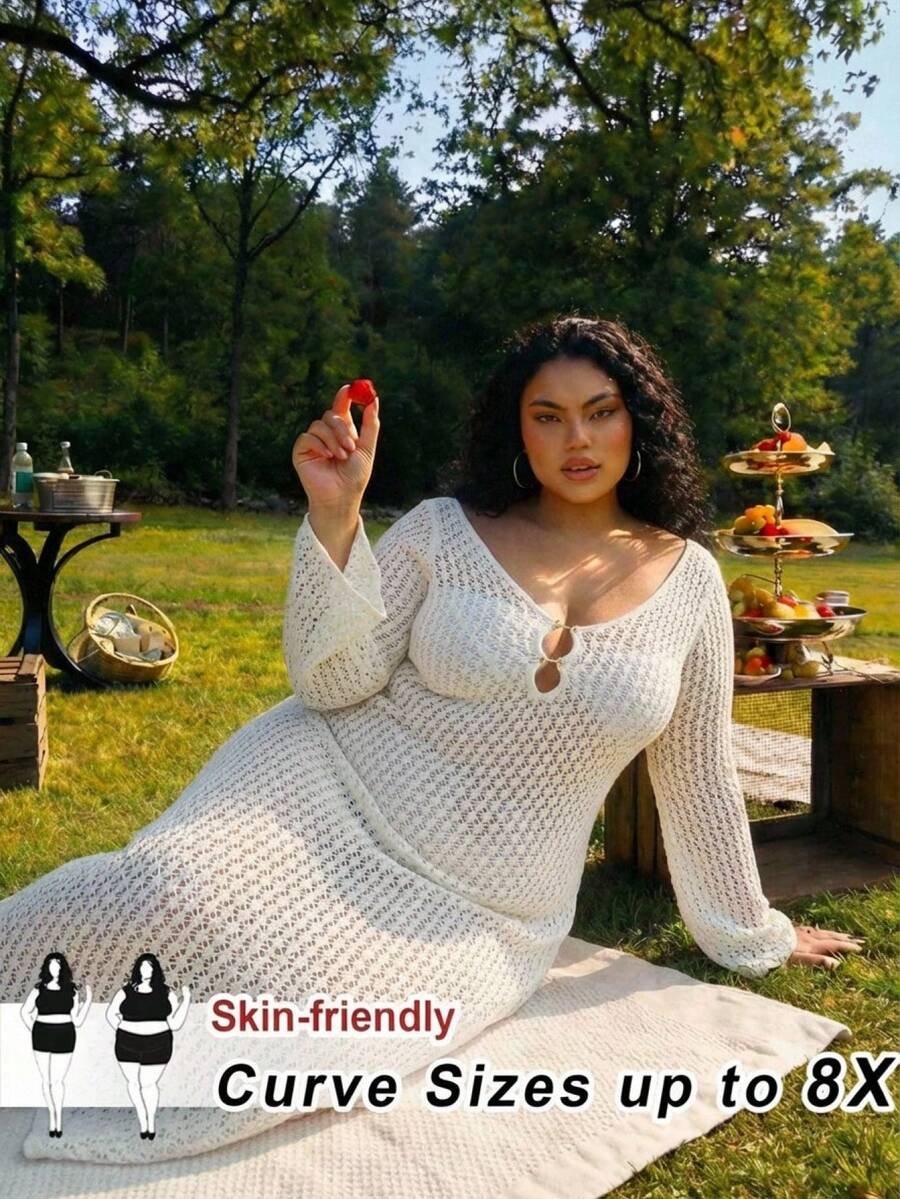 SHEIN CURVE+ 大码女式纯色钩针镂空度假连衣裙 - 白色 - 查看 1
