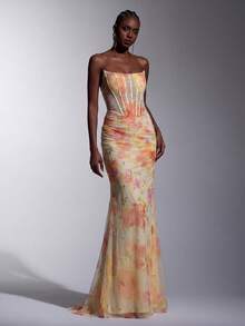 Elitara Elegante y lujoso vestido de noche para mujer con bordado de cuentas multicolor en malla, decoración fruncida hecha a mano, cuello barco, cinturón transparente con cintura y cintas móviles, falda de cola de pez con cola - Multicolor - Ver 6
