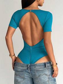 Dewbera Seamless Knit Hollow-Out Backless Square Neck Women Sports Jumpsuit - Dusty Blue - View 2