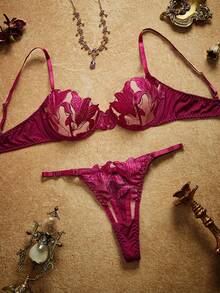 Conjunto de ropa interior para mujer con flores bordadas sexy, conjunto de lencería de 2 piezas con sujetador con aros y braga - Morado - Ver 1