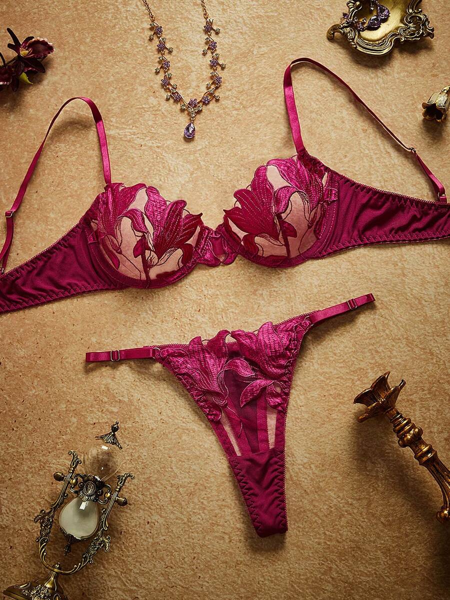 Conjunto de ropa interior para mujer con flores bordadas sexy, conjunto de lencería de 2 piezas con sujetador con aros y braga - Morado - Ver 1