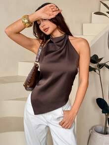 SHEIN PETITE Áo kiểu nữ gợi cảm hở lưng cổ yếm, thanh lịch cho tiệc tùng, đi làm và kỳ nghỉ hè. - màu nâu - Xem 6