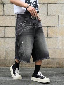 Manfinity EMRG Quần short denim ống rộng đính đá lấp lánh dành cho nam - Xám - Xem 3