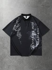 ROMWE MEN Prep Men's Street Letter Print Polo Shirt, Suitable For Spring And Summer - Black - View 8