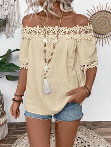 SHEIN LUNE Women's Vacation Off-Shoulder Textured Fabric Ruffle Detail Blouse - Apricot - View 4
