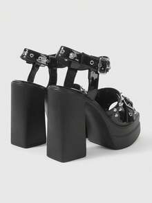 ROMWE Grunge Punk Women's Street Fashion Square Toe Peep Toe Open-Toed Platform High-Heeled Sandals, Punk Style Gothic Rivet Inlaid Metal Square Buckle Elastic Ankle Strap Design Platform Thick Heel Spring Summer Nightclub Party Festival Slip-On Women's Shoes - Black - View 3