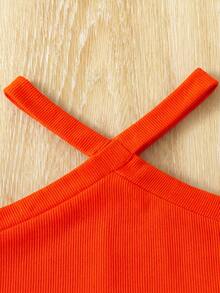 SHEIN Baby Girl Knitted Solid Color Top And Flower Pattern Shorts Set For Summer Vacation - Orange - View 3