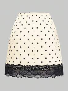 Resyla Women's Polka Dot Contrast Lace Elegant A-Line Skirt - Apricot - View 2