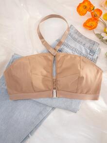 SHEIN Plus Size Front Closure Wireless Comfort Halter Bra - Camel - View 3