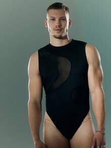FeverCity Body de hombre de unicolor con parches de malla sexy - Negro - Ver 2