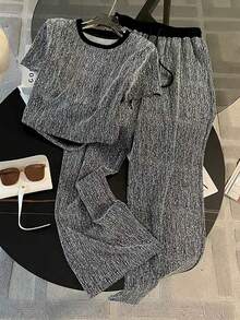 Women's Casual Silver-Tone Printed Fitted Raglan Sleeve T-Shirt + Side Pocket Long Pants, Summer - Black - View 3