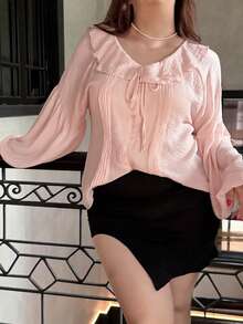 Dazy Plus Blusa de gasa de manga larga con mangas farol, cuello con volantes y lazo delantero, talla grande, color rosa, para primavera/verano - Rosa Pálido - Ver 5