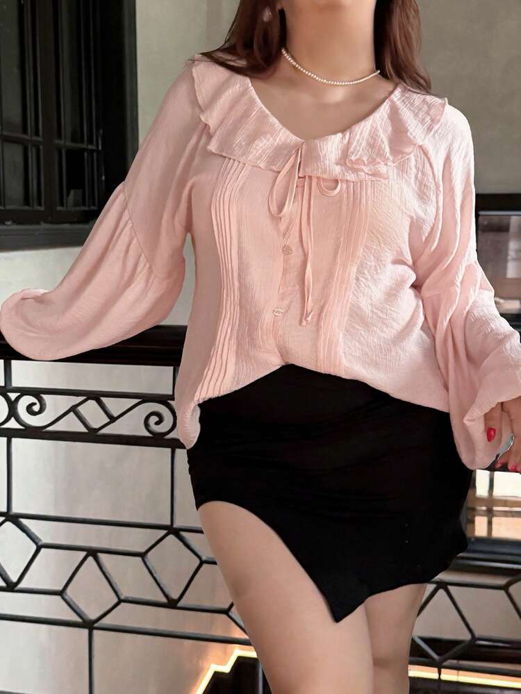 Dazy Plus Plus Size Women's Ruffled Collar Tie-Front Fitted Lantern Sleeve Long Sleeve Chiffon Blouse, Pink, Spring/Summer