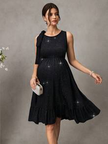 SHEIN Black Summer Elegant Formal Evening Maternity Photoshoot Pregnant Women,Sleeveless Shiny Glitter Dress,Bowknot Strap Layered Ruffle Skirt - Black - View 1