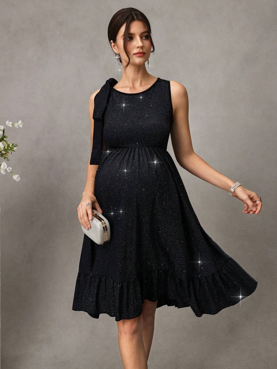 SHEIN Black Summer Elegant Formal Evening Maternity Photoshoot Pregnant Women,Sleeveless Shiny Glitter Dress,Bowknot Strap Layered Ruffle Skirt - Black - View 1