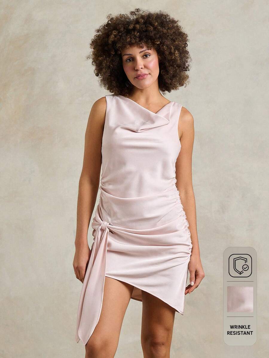 Rouah Women's Single Piece Satin-Finish Cowl Neck Sleeveless Slim-Fit Ruched Side Tie Knot Asymmetrical Hem Blush Pink Mini Cocktail Dress For Wedding Guest Party Spring Summer - Baby Pink - View 1