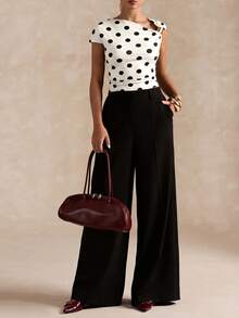 SHEIN BAE Áo thun nữ thời trang thanh lịch in họa tiết chấm bi, xếp ly, khóa kim loại, trễ vai. - trắng - Xem 4