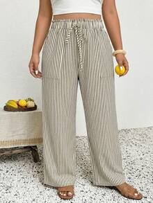 SHEIN Frenchy Quần dài kẻ sọc dáng rộng dành cho nữ, phong cách thường ngày thoải mái, quần hè. - Đen và trắng - Xem 5