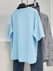 SHEIN Franclia 新款休闲水钻装饰宽松女式T恤 - 淺藍色 - 查看 2