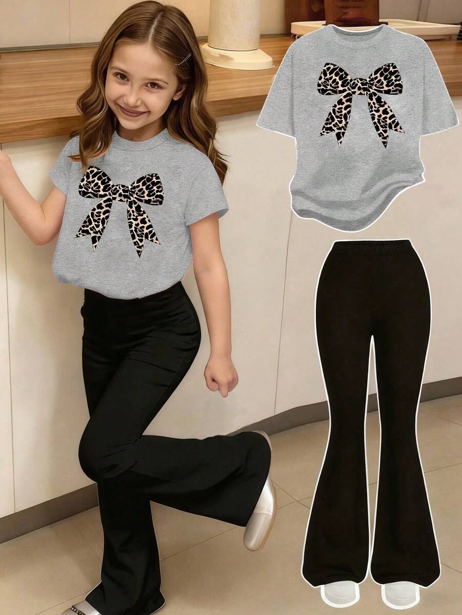 Conjunto de 2 piezas de camiseta de manga corta con cuello redondo y estampado de leopardo con lazo, y pantalones acampanados casuales para niña - Multicolor - Ver 1