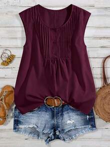 SHEIN LUNE CURVE Plus Size Women Round Neck Button-Up Shirt, Spring/Summer - Red Violet - View 1