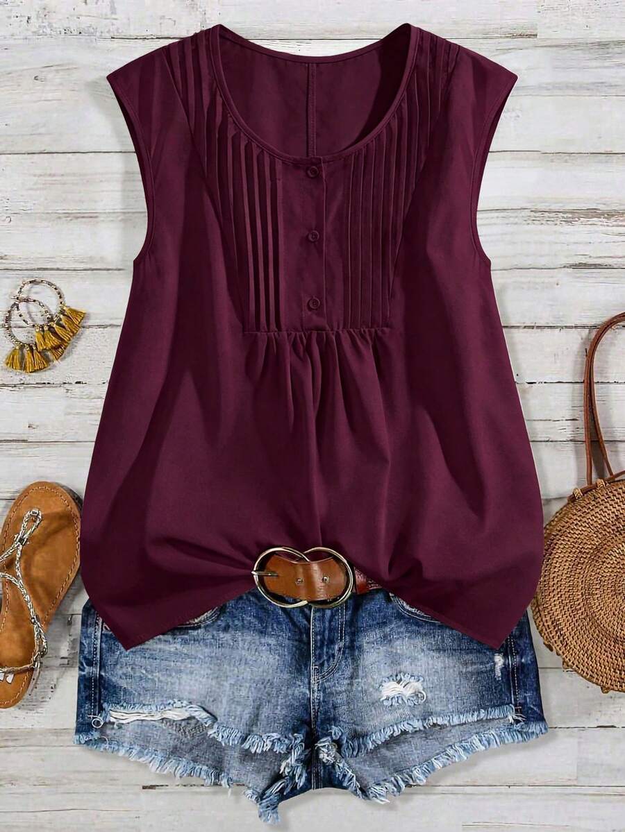 SHEIN LUNE CURVE Plus Size Women Round Neck Button-Up Shirt, Spring/Summer - Red Violet - View 1