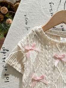 SHEIN LMoss Kids 女婴夏季可爱优雅蝴蝶结装饰短袖上衣和松紧腰半身裙套装 - 黑與白 - 查看 6