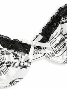ROMWE Goth Lolita Y2K Music Note Allover Print Contrast Lace Trim Bralette - White - View 3