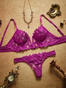 PinupPomp 2pcs/Set French Classic Black V-Shape Bra Lingerie Set - Purple - View 3