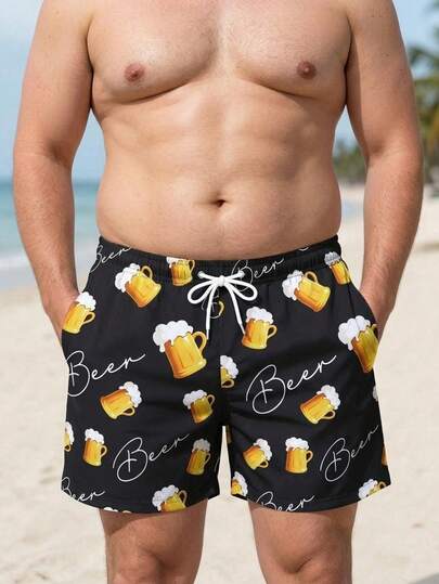 Manfinity Swimmode Plus Size Men's Beer Print Drawstring Waist Beach Shorts, Vacation Style Beachwear For Men Vacation Men Beach Shorts Beach Wear For Men Beachwear Cute Style Casual Outdoor Beach Shorts, Hawaiian BeachModeOn Men Beachwear