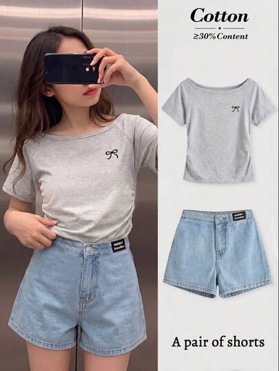 Genkimix Kids Tween Girls Distressed Denim Shorts, Summer Vintage Light Blue Jeans, Versatile, Letter Graphic Decor, Wide Leg